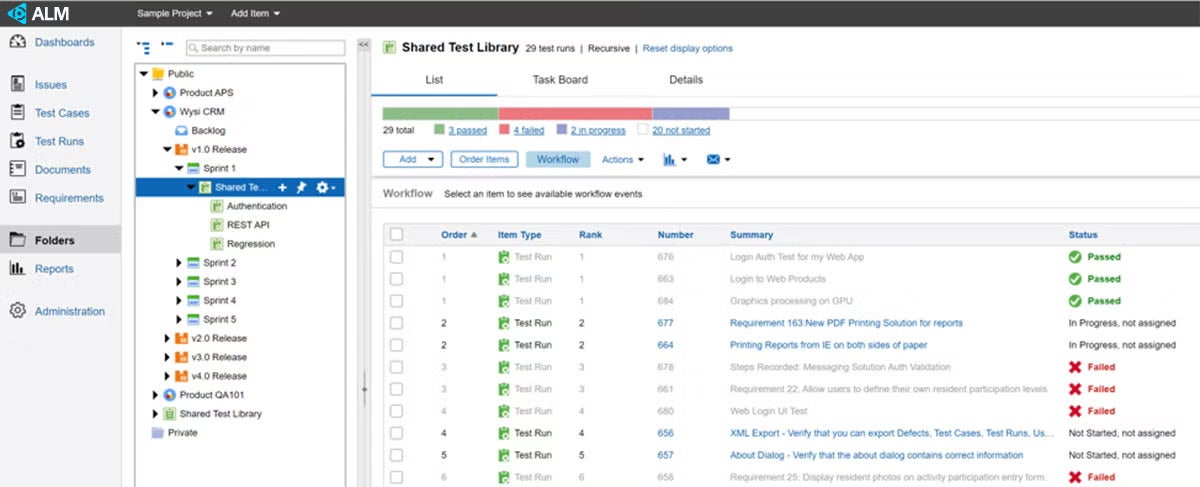 Perforce ALM folders shared test library screenshot.