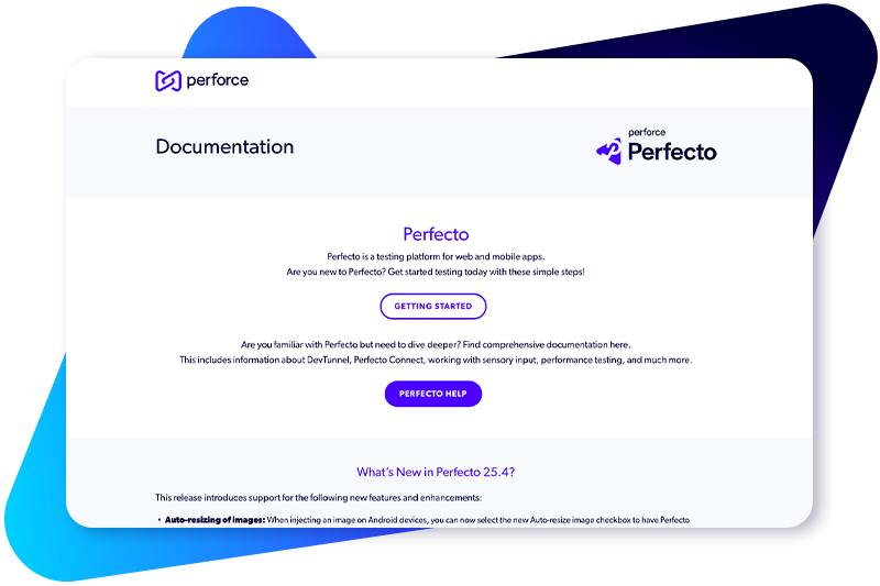Screenshot of Perforce Perfecto documentation portal
