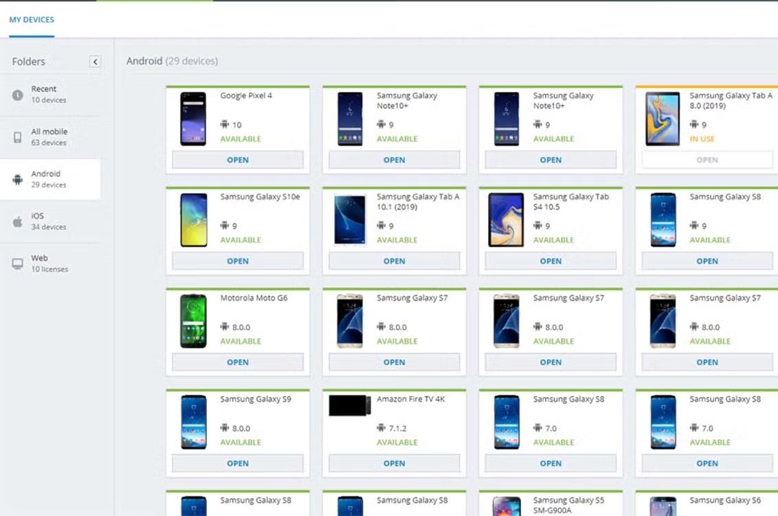Perfecto android mobile devices testing screenshot.