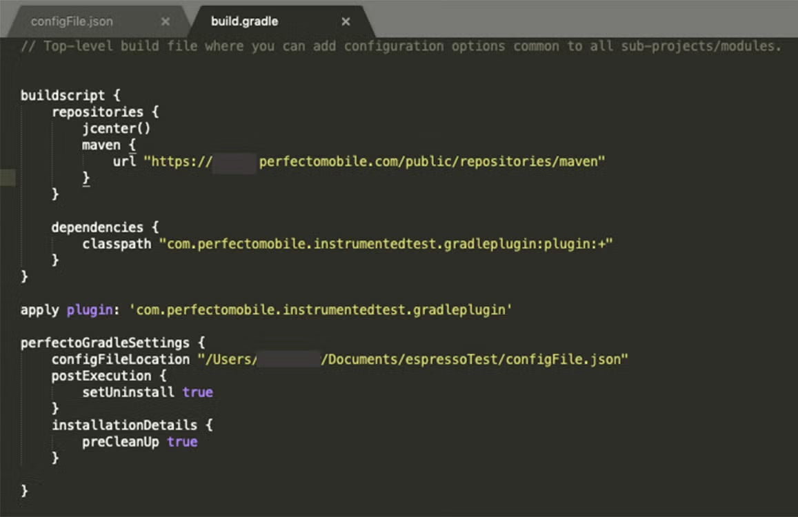 Perfecto Gradle build screenshot.
