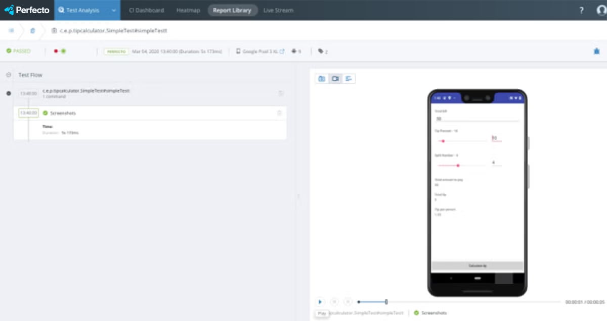 Perfecto report library espresso android screenshot.