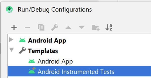 Espresso run/debug configurations android screenshot.