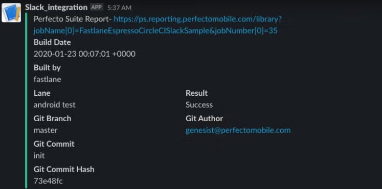 Perfecto and fastlane integration Slack screenshot.