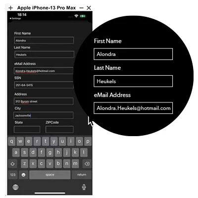 Mobile generated PII-free test data screenshot.
