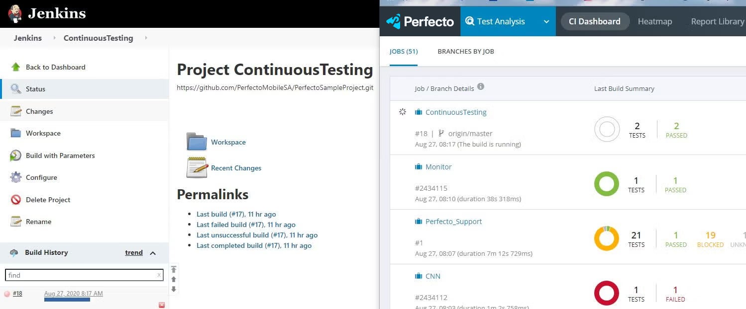 Perfecto and Jenkins plugin screenshots.
