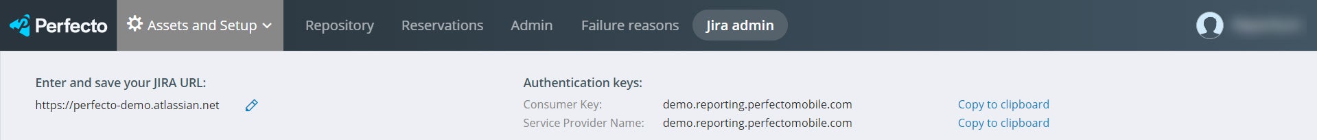 Perfecto Jira admin assets and setup screenshot.