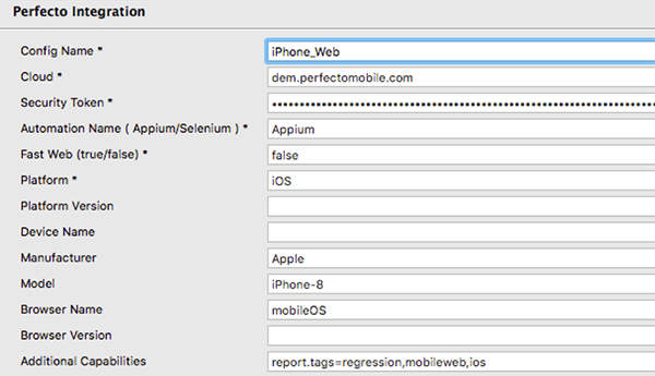 Perfecto Katalon mobile config screenshot.