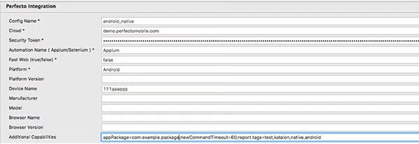 Perfecto Katalon native config screenshot.