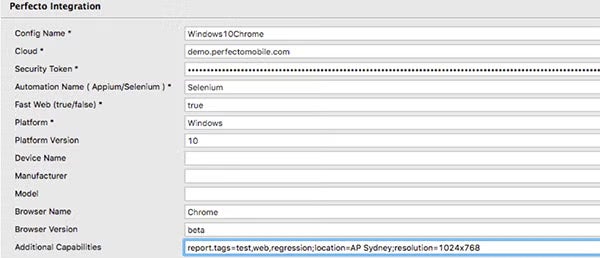 Perfecto Katalon web config screenshot.