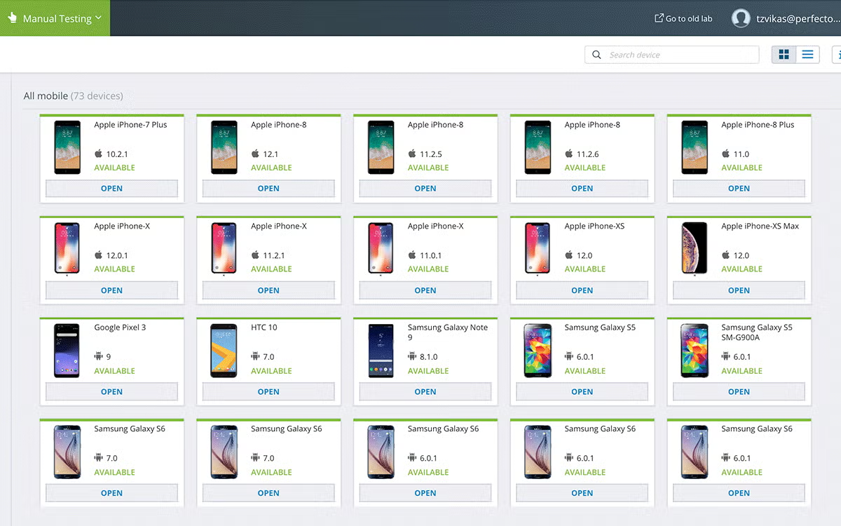 Perfecto manual testing mobile devices screenshot.