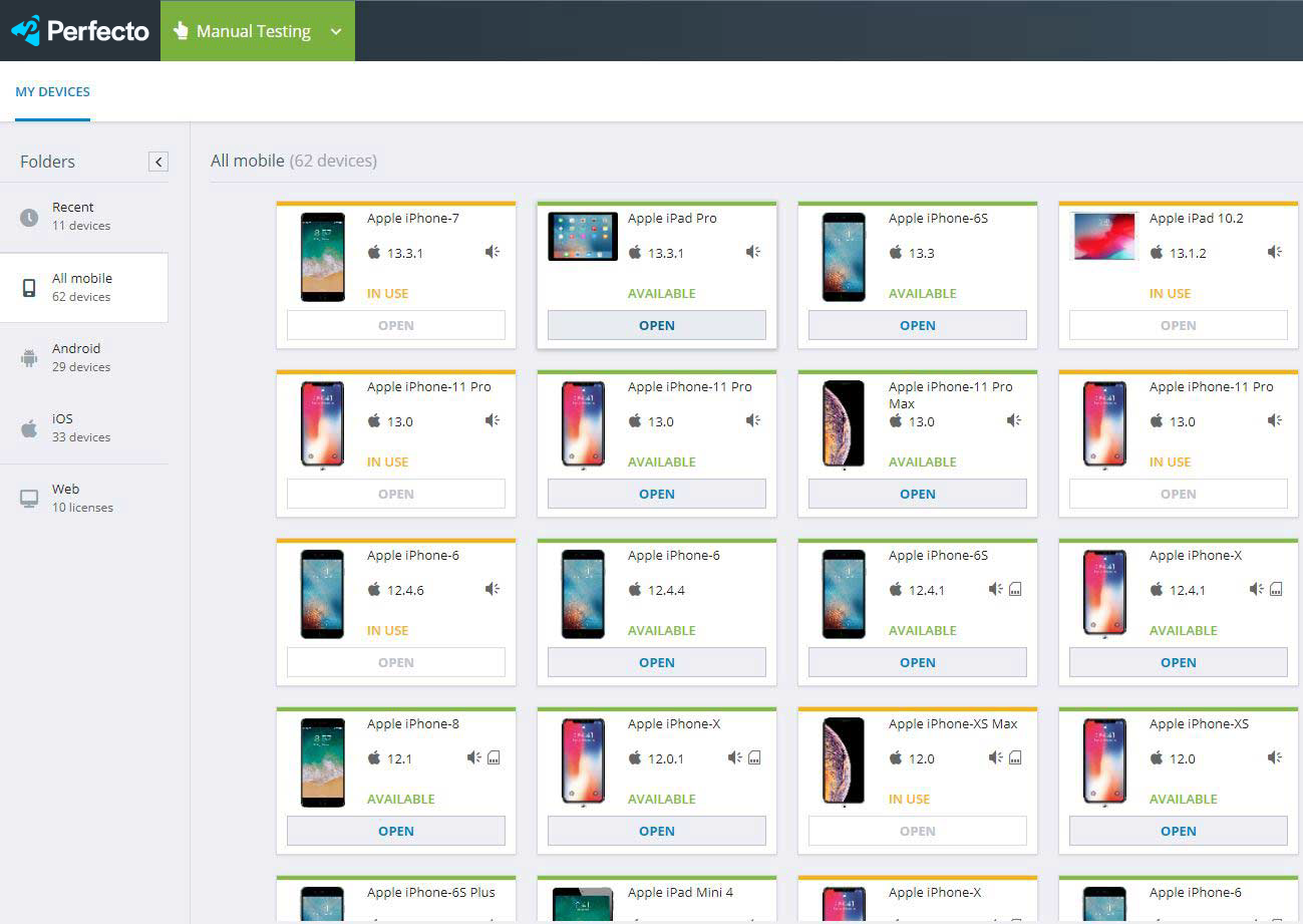 Perfecto mobile devices testing screenshot.