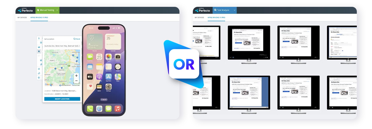 Two screenshots showing both modern mobile testing and current browser testing capabilities of Perforce Perfecto