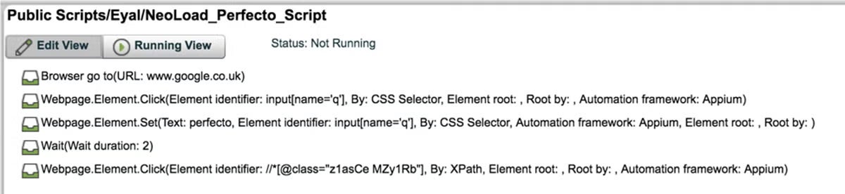 Perfecto NeoLoad scripts screenshot.