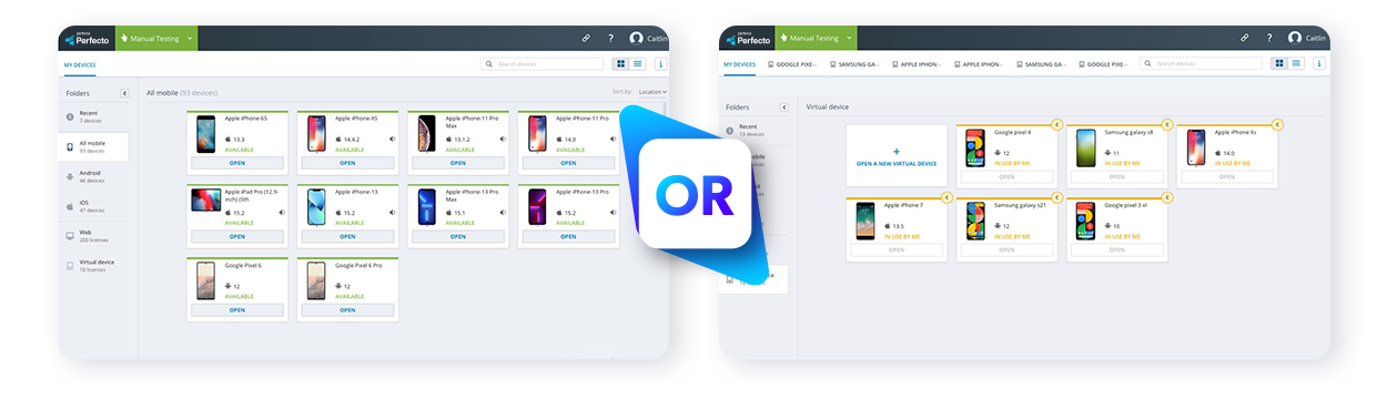 Image showing a side-by-side view of real vs. virtual device listing page, available for testing