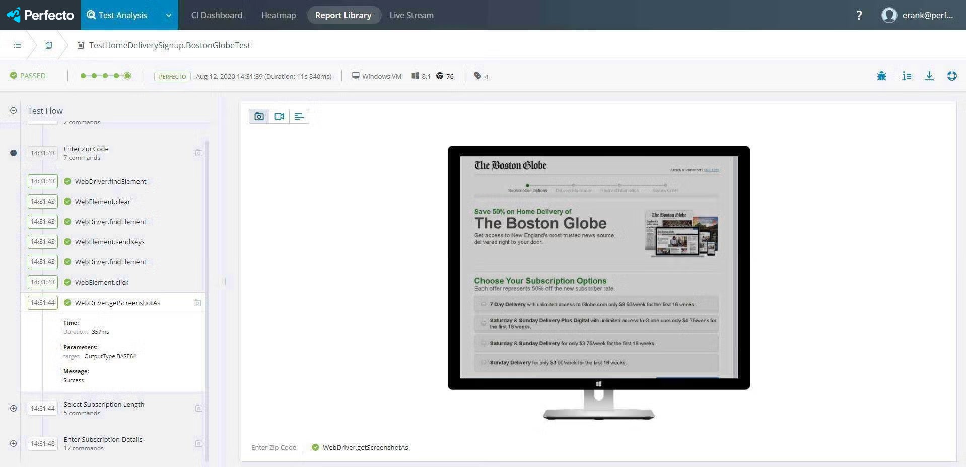 Perfecto report library Boston Globe test screenshot.