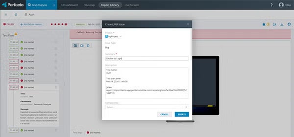Perfecto report library create Jira issue screenshot.