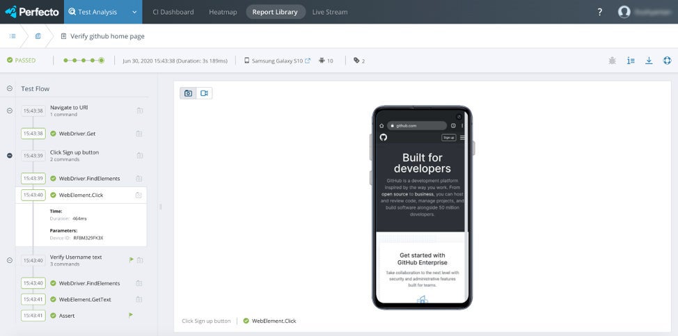 Perfecto report library github homepage test screenshot.