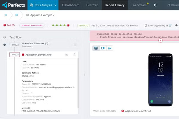 Perfecto report library mobile testing screenshot.