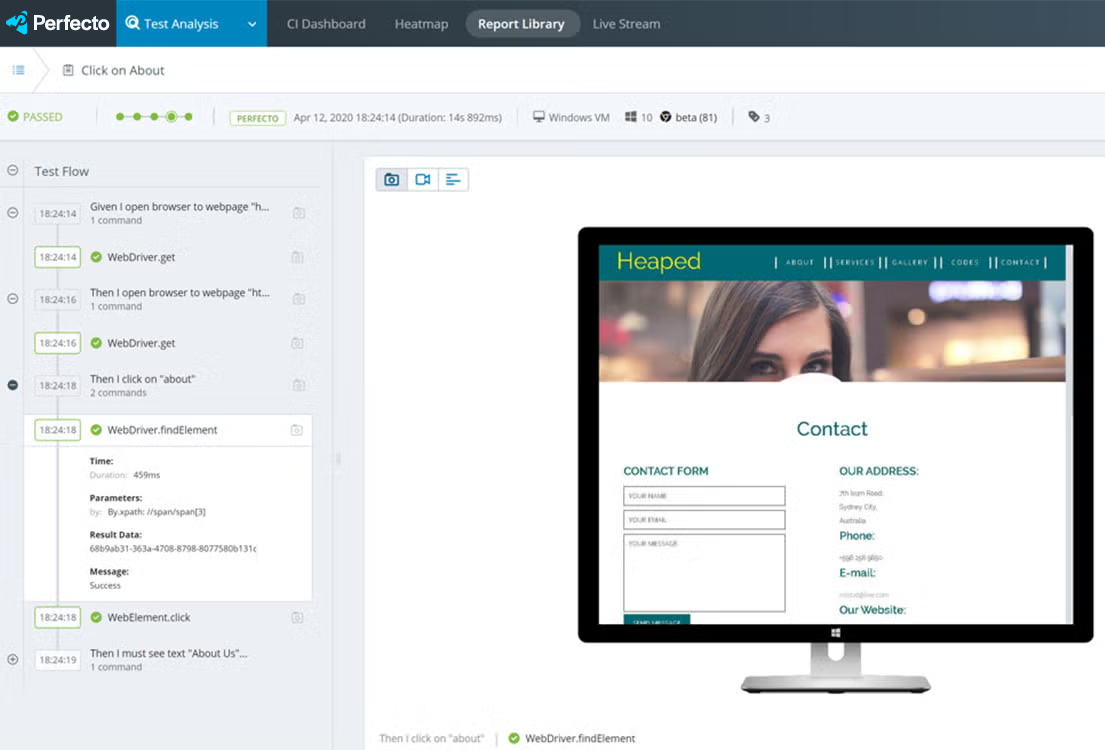Perfecto report library screenshot.