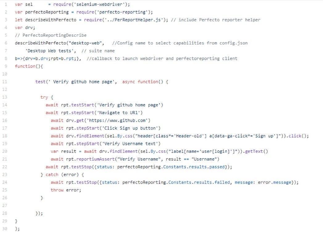 Perfecto reporting code snippet screenshot.