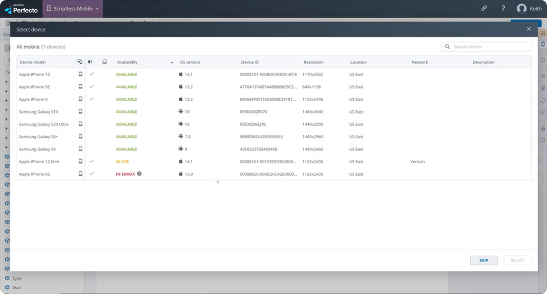 A screenshot of Perforce Perfecto's device coverage and support indicating the latest iOS and Android device coverage