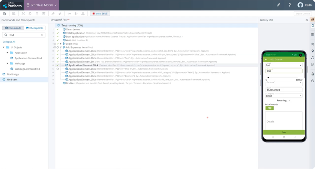A screenshot from Perforce Perfecto's easy scriptless testing functionality with data and reports for testing purposes on mobile devices