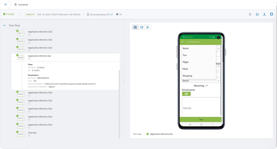 A screenshot showing the reporting capabilities of Perforce Perfecto's scriptless testing functionality
