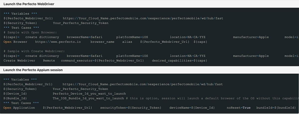 How Robot Framework and Perfecto work together screenshot.
