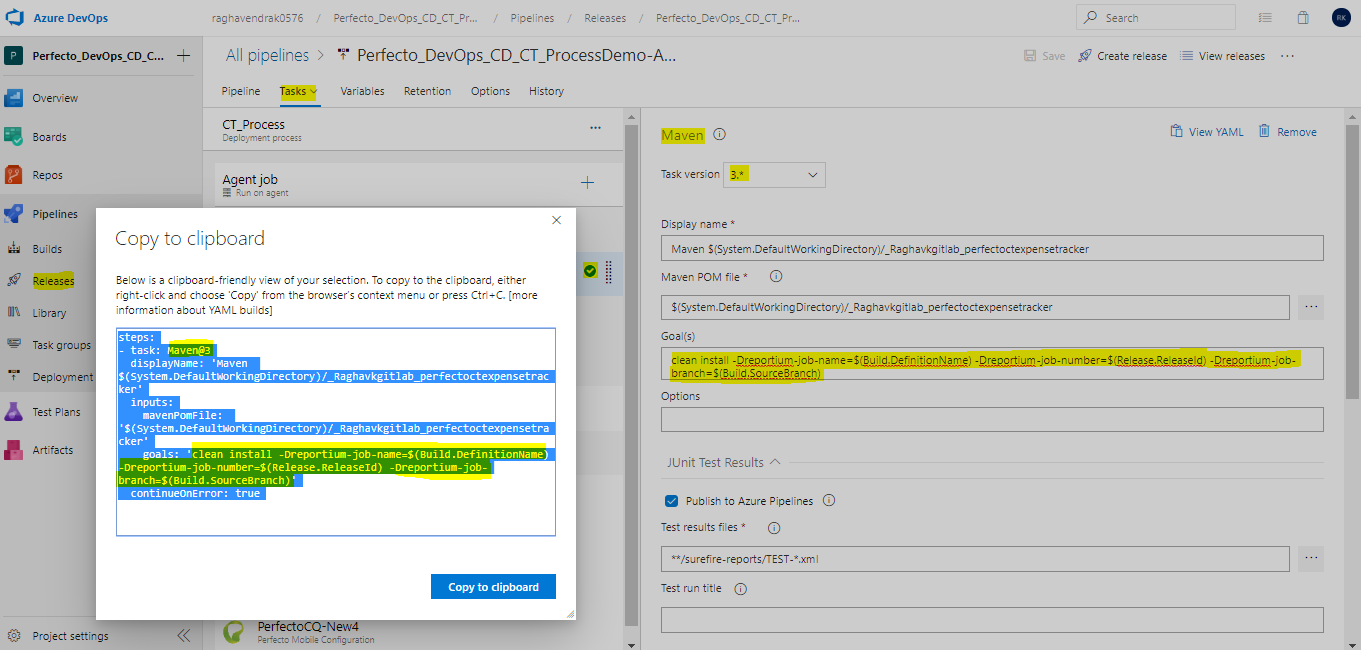 Screenshot of Perfecto and Azure DevOps integration.
