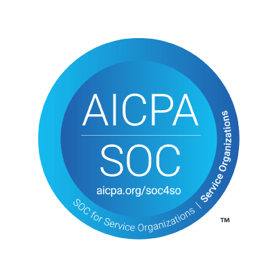 A circular blue logo with white text: "AICPA SOC" and website URL, surrounded by a darker blue border.