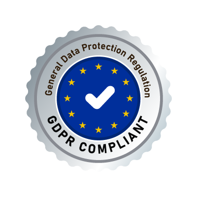 GDPR compliant badge with a blue circle, white checkmark, and yellow stars, surrounded by a gray border.