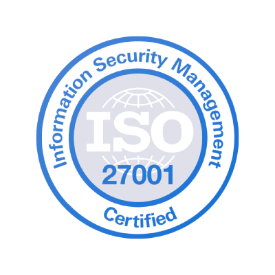 A circular ISO certification badge with a blue border, containing "ISO 27001" and "Information Security Management" text inside.