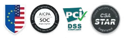 Security badges including AICPA SOC, PCI DSS, and others