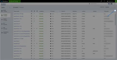 Perfecto CSV export devices manual testing screenshot.