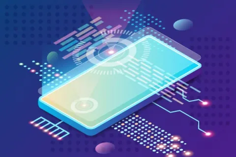 An illustration of a mobile device in isometric perspective with HUD elements floating above