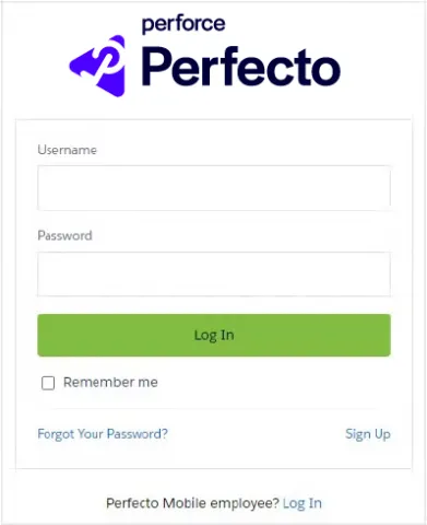 Perfecto login screenshot.