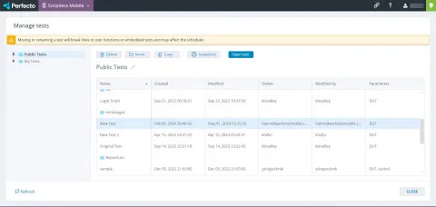 Perfecto IDE manage tests view screenshot.