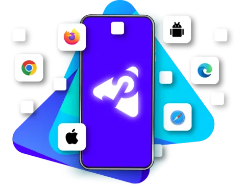 A Perfecto icon on a modern mobile device with popular browser and operating system icons floating around