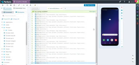 Perfecto Scriptless Mobile test execution scrollbar screenshot.