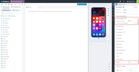 Perfecto Scriptless Mobile text analysis target and relative position parameters screenshot.