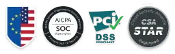 Security badges: EU/USA, AICPA SOC, PCI DSS, SCA STAR.