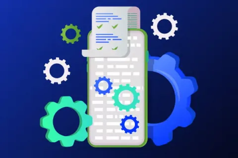Gears overlapping a mobile device with a paper and checkmarks extruding from the top indicating approvals