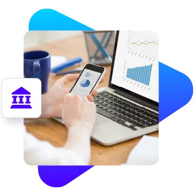 Image of a financial app on both mobile device and web, adorned with a financial icon and branding elements