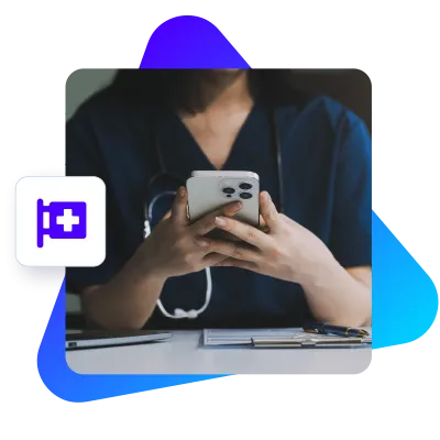 Image of a medical device app on both mobile device and web, adorned with a financial icon and branding elements
