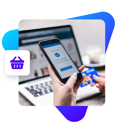 Image of a retail app on both mobile device and web, adorned with a financial icon and branding elements